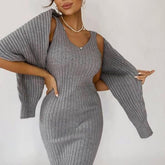 Women Elegant Slim Two Piece Sets Female Sweater Dress Autumn Winter High Waist Knitted Ensemble Femme Medium Long Party Dresses
