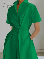 Ingvn - Women's Shirt Dress Casual Dress Swing Dress Midi Dress Outdoor Daily Vacation Polyester Fashion Modern Split Neck Button Pocket Short Sleeve Summer Spring 2023 Regular Fit White Green Plain S M L XL