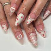 24pcs Vintage Cute Strawberry Fake Nail Girls Weable Romantic White Lace Decor False Nail Patch Detachable Almond Press on Nails