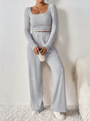 Women'S Fashion Set, Long Sleeve Round Neck Crop Top with Wide Leg Pants, Solid Color, Polyester Knit, Autumn/Winter Collection