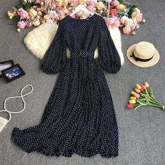 Ingvn - New Spring Autumn French O-neck long sleeve Dress polka dot printing high waist lace up mid-length A-line pleated Dress