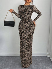 Women'S Elegant Leopard Print Sheer Tulle Long Sleeve Dress, Crew Neck Knit Polyester Spandex Blend, All-Season Tunic with Lining, 95% Polyester 5% Spandex, 92gsm Fabric Weight, 140gsm Lining Weight