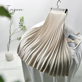 Ingvn - Brand Designer Women Spring Autumn Elegant Chic Solid Pleated Skirt High Waist Luxury Fashion With Elastic Female C-035