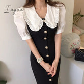 Ingvn - Summer Outfits Dress Women Fashion Peter Pan Collar Puff Sleeve Single Breasted Slim Long Vestidos Korean Chic Robe Elegant Female