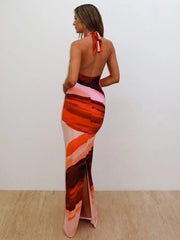 Halter Deep V Neck Print Sexy Maxi Dress For Women Fashion Lace-up Sleeveless Backless Bodycon Printed Long Dress
