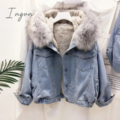 Ingvn - velvet thick denim jacket female winter big faux fur collar Korea denim coat female student short coat
