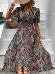 Plus Size Ethnic Floral Print Shirred Waist Dress, Casual Short Sleeve Dress For Spring & Summer, Women's Plus Size Clothing