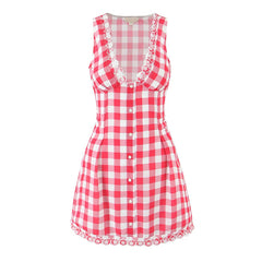European And American Retro Sexy V Neck Red Plaid Dress Women Floral Embroidery Sleeveless A-line Mini Summer Dresses