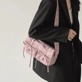 Ingvn Plaid Pink Womens Shoulder Bag Pleated Casual Sweet Cute New Fashion Leather Handbag Literary Exquisite Designer Armpit Bag