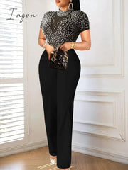 Ingvn - Jumpsuit for Women Sexy See Through Net Beaded High Collar Short Sleeve Wide Leg One Piece Rompers Cocktail Party Club Wear