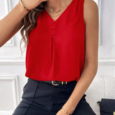 Solid V-neck Button Decor Top, Elegant Sleeveless Top For Summer, Women's Clothing