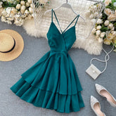 Ingvn - Summer Spring Beach Holiday V-Neck Backless Lace Up Ruffles Cakes Solid Elegant Women Lady A-line High Waist Dress