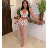 Ingvn - Sexy Crochet Tassel Two Piece Skirt Set Beach Dress Suit Summer Outfit Womens 2 Piece Matching Sets