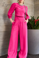 Ingvn - Elegant Solid Pocket O Neck Long Sleeve Two Pieces