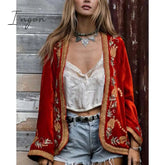 Ingvn - Ladies Velvet Print Cardigan Red Coat Long Sleeve Palace Style Fashion Vintage Ladies Fall Coat Casual Loose Women Jacket Coat