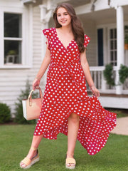 Women's A-Line Dot Polka Print Long Dress V-Neck Wedding Guest, Graduation, Party Maxi Dress