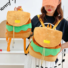INGVN Large Capacity Plush Backpacks Lovely Cartoon Hamburger Backpack Drawstring School Bag Travel Backpack for Students