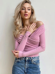 Ingvn Sexy V-neck Long Sleeve Bodysuits Fashion Autumn Off Shoulder One Piece T-shirts Streetwear Female Folds Pink Tops Jumpsuit