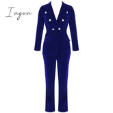 Ingvn - Summer Sets for Women New Navy Blue V Neck Long Sleeve Sexy 2 Piece Set Outfits High Quality Two Piece Set Suit
