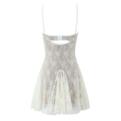 New Fashion Women Spaghetti Straps Lace Sexy Dresses Black Beige Backless Hollow Out A-line Mini Dress Night Out Robe