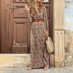 Ingvn - Fashion Boho Dress Long Dress Women Casual V Neck Short Sleeve Retro Print Belt Hem Beach Dresses Elegant Sundress Robe Femme