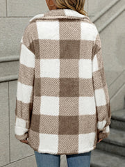 Plaid Fuzzy Fall & Winter Jacket, Casual Button Front Long Sleeve Outerwear, Women's Clothing