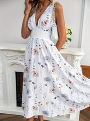 Vibrant Floral Plunge Midi Dress - Fashionable Sleeveless High Waist Design - Perfect for Casual Chic - Womens Clothing