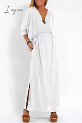 Ingvn - Casual Simplicity Solid Pocket Slit V Neck A Line Dresses
