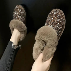 Ingvn Womens Snow Boots Sexy Round Toe Shoes for Women Rhinestone Elegant with Low Heels Plus Warm Y2k Anti Skid on Promotion Gyaru Pu