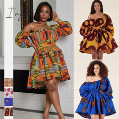 Ingvn - African Dresses for Women Full Sleeve Summer Tilting Shoulder Two Wear Dress Dashiki Print African Rich Bazin Top Maxi Clothes