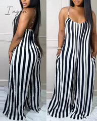Ingvn - Women's striped printed spaghetti straps wide leg pockets jumpsuit women's sleeveless spring/summer high waisted loose pants jum