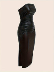 Sexy Bodycon Jersey Dress - Elegant Strapless Ruched Tube Dress with Mid Elasticity, Solid Color, and Split Hem - Perfect for Club and Party, Womens Customized Clothing