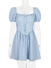 Elegant Short Puff Sleeve Sexy Mini Dress Women Fashion Square Collar Backless A-line Pleated Club Party Dress Vintage