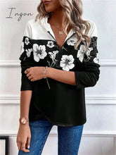 Ingvn - Women's Hoodie Sweatshirt Pullover Basic Quarter Zip Black Floral Casual Hoodie Long Sleeve Top Micro-elastic Fall & Winter