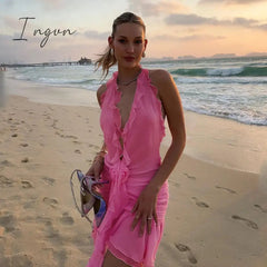 Ingvn - Floral Applique Elegant Halter Frill Hem Mini Dresses for Women Summer Ruffle See Through Deep V Dresses Vestidos