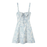 New Women French Style Floral Print Sling Short Dress Lace Up Bandage Back A-line Summer Dress Holiday Robe