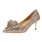 Pointed Toe Crystal Bowtie Pumps Women Thin Heels Silver Sequins Party Shoes Woman Slip On High Heels Wedding Shoes