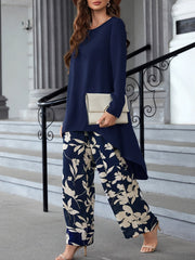 Long Sleeve Crew Neck Vacation Style Elegant Pantsuits, Wide Leg Pants & Dipped Hem Top Outfits, Women's Clothing