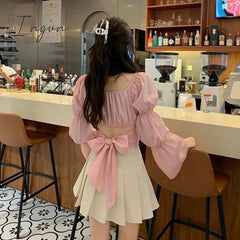 Ingvn - Women Spring Fashion Back Puff Sleeve Shirts Women Autumn French Bow Bandage Blouses New Black Pink Square Neck Cropped Tops Female