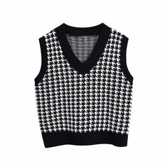 Women Fashion Oversized Houndstooth Knitted Vest Sweater Vintage Sleeveless Side Vents Female Waistcoat Chic Tops