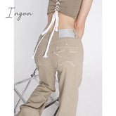 Ingvn - Women's Khaki Wide Leg Jeans Star Pocket Vintage Straight Pants High Waist Baggy Streetwear Casual Brown Denim Trouser Ladies