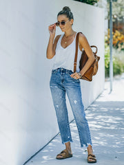 Womens Comfortable Solid Color Straight-Leg Non-Stretch Denim Jeans - Ripped, Cropped, Casual Style with Slant Pockets, Perfect for Spring, Summer, and Fall - Hand Wash or Professional Dry Clean Only