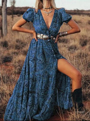 Full Size Printed Puff Sleeve Maxi Dress Plus Size