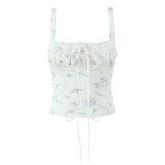 Lace Trim Floral Print Sweet Camis Women Lacing Up Bandage Back Summer Tops French Style Retro Holiday Tank Top