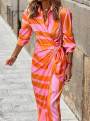Ingvn - Ladies Elegant V-Neck Tie Waist Print Dress
