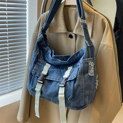 Ingvn Large Capacity Denim Messenger Bag for Women Crossbody Bag for Students Single Shoulder Tote Bag for Class