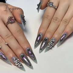 24Pcs Y2k Nails Set Press On False Nails Coffin Fake Nails with Charm Gradient Black Designs Reusable Artificial Nail Tips 2024