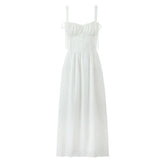 Elegant Women Midi Long White Sling Dress Sexy Sleeveless A-line Summer Holiday Party Dresses Female Robe