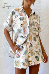 Casual Vacation Print Animal Pocket Turndown Collar Short Sleeve Two Pieces