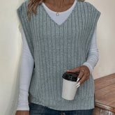 Solid V Neck Rib Knit Vest, Casual Split Side Sleeveless Loose Sweater Vest, Women's Clothing